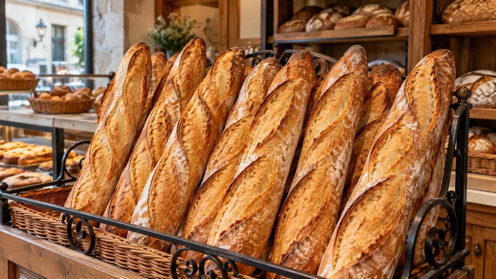Những ổ bánh mì baguette dài có lớp vỏ vàng giòn được bày tại tiệm bánh ở Pháp