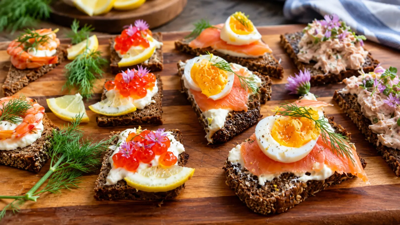 Những phần bánh mì mở smørrebrød với nhiều loại nhân đặc trưng của ẩm thực Đan Mạch