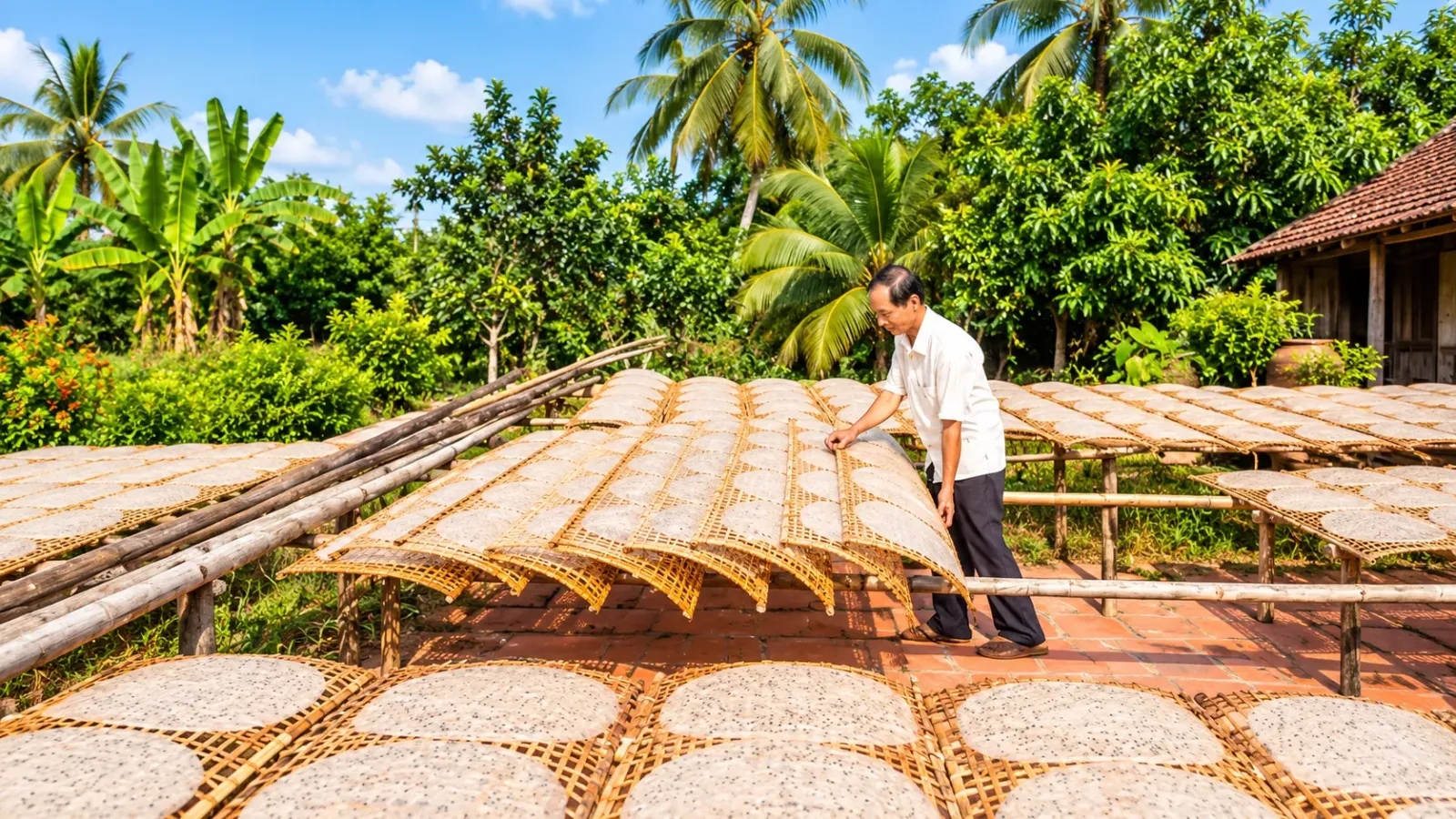 Những phên bánh tráng được phơi trong sân tại làng nghề cù lao Mây ở Vĩnh Long
