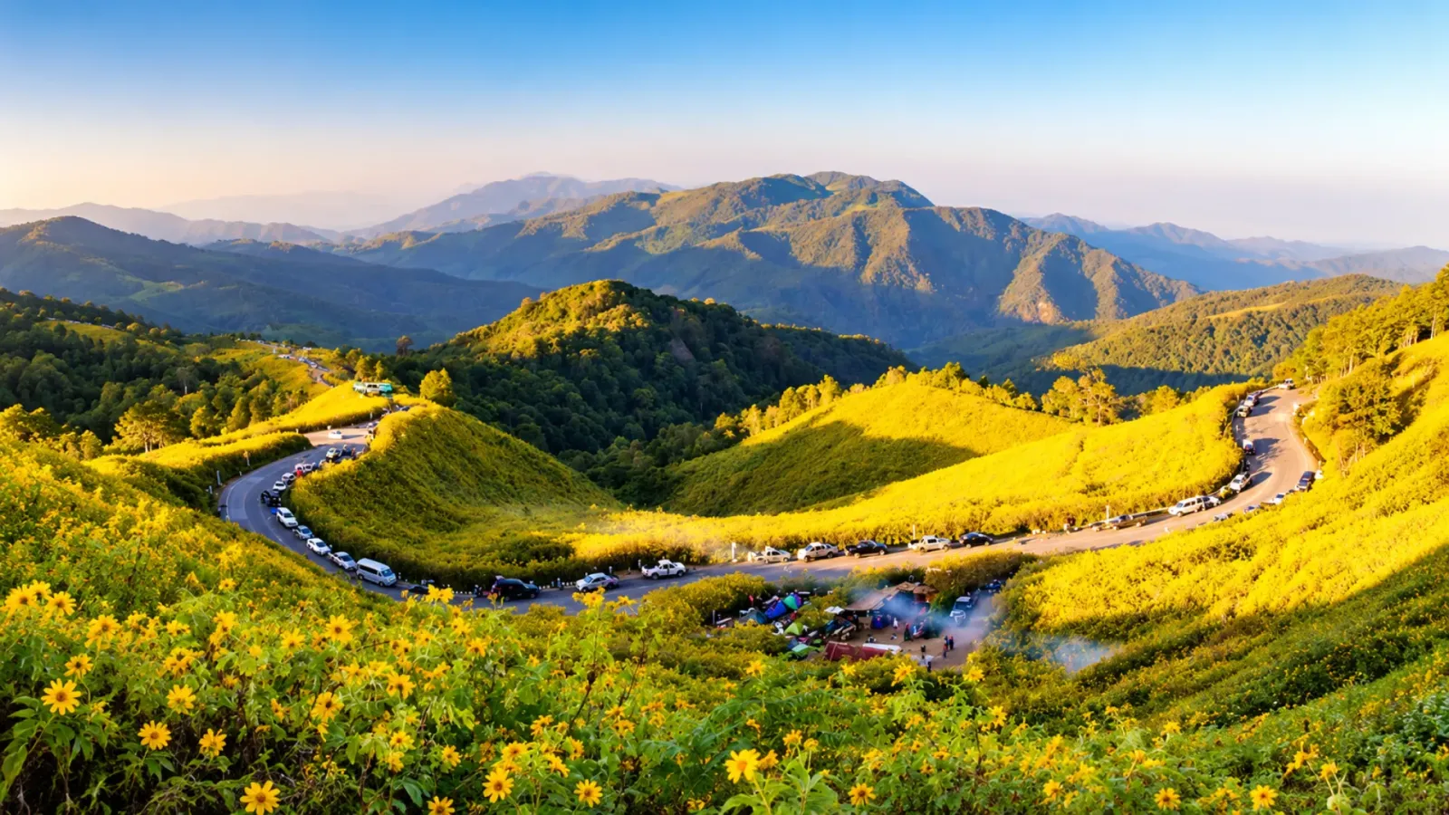 Những sườn đồi phủ hoa Bua Tong màu vàng tại Doi Mae U Kho, Mae Hong Son