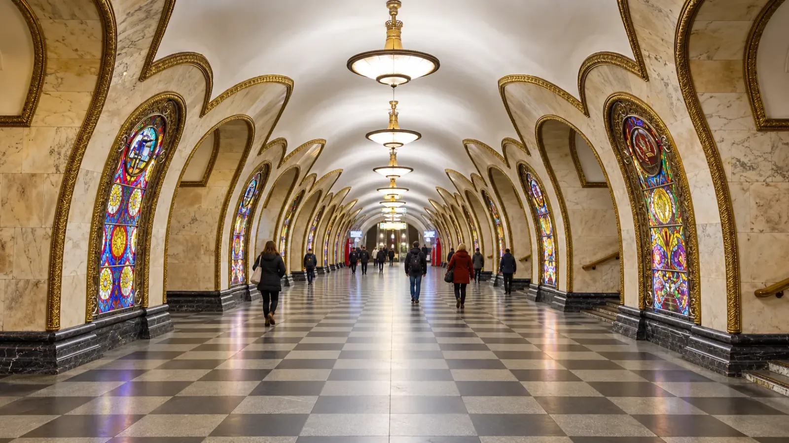 Những tấm kính màu được chiếu sáng trong các vòm kiến trúc tại ga Novoslobodskaya ở Moscow