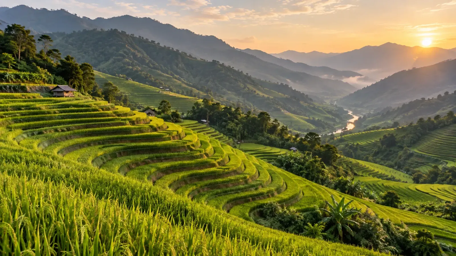 Những thửa ruộng bậc thang phủ lúa xanh trên sườn núi, phía xa là thung lũng trong ánh chiều