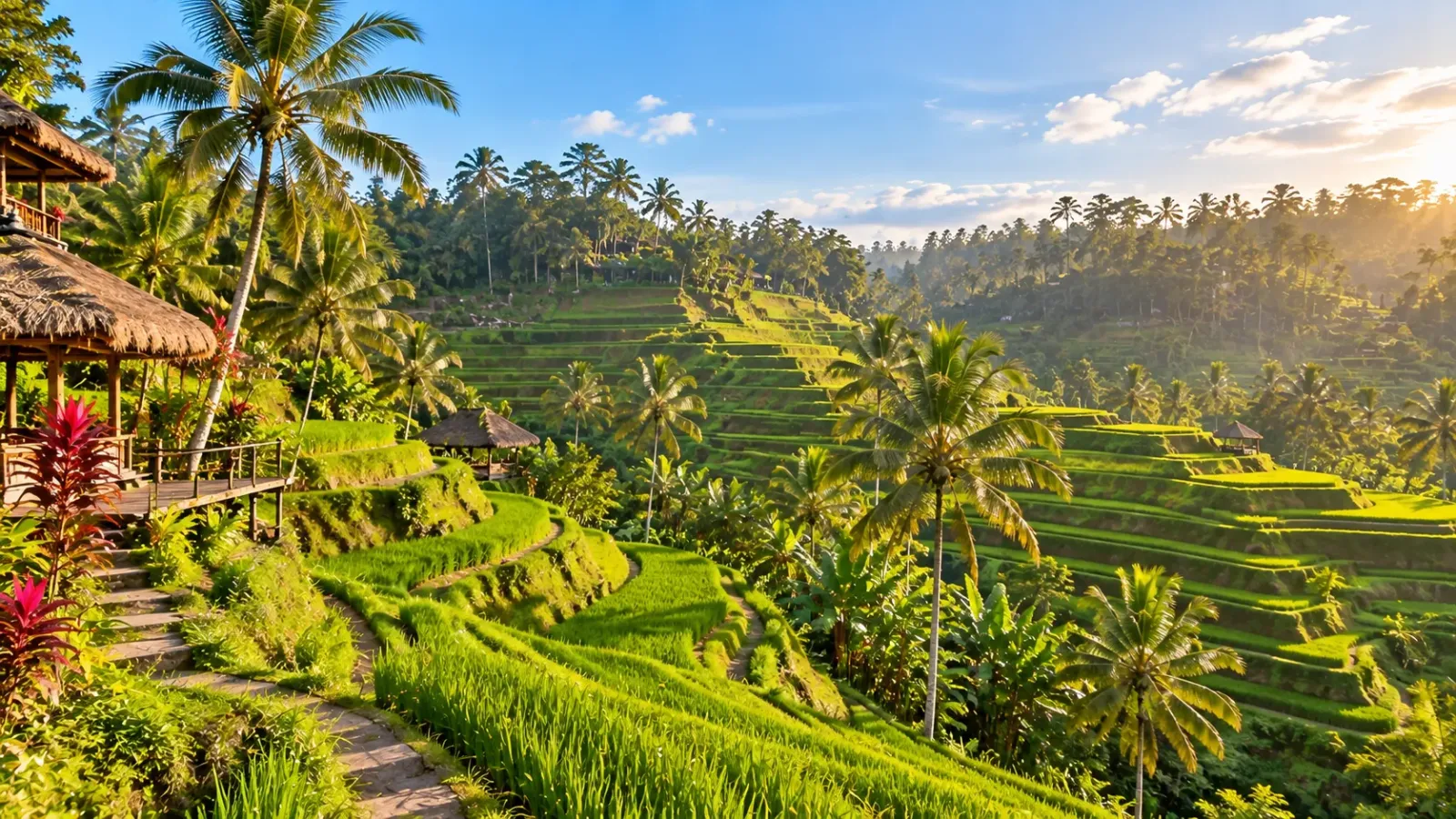 Những thửa ruộng bậc thang Tegalalang xanh mướt trên sườn đồi gần Ubud Bali