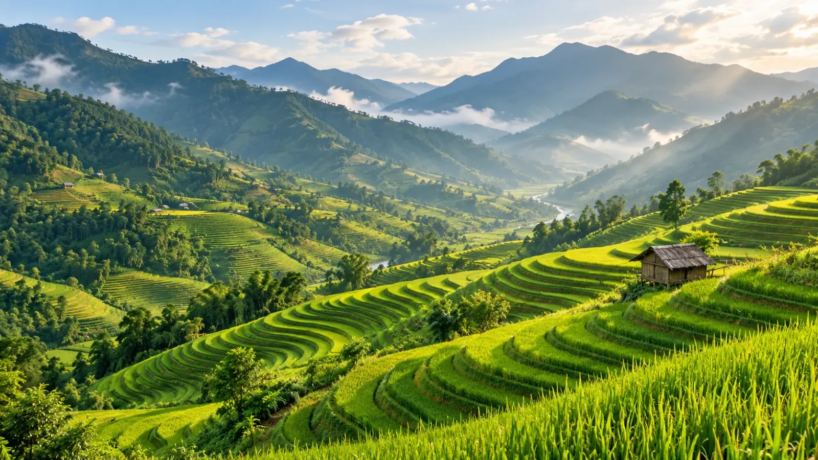 Những thửa ruộng bậc thang xanh trên sườn đồi Sa Pa vào mùa hè