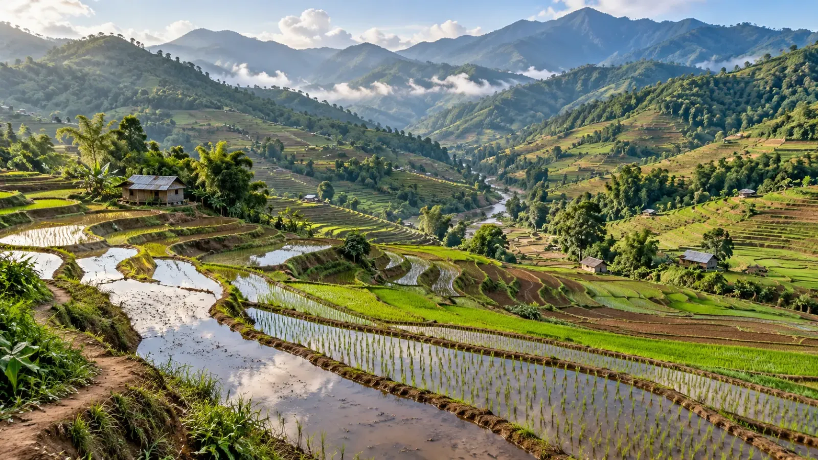 Những thửa ruộng bậc thang xen kẽ mặt nước, mạ xanh, đường đất và các ngôi nhà nhỏ giữa vùng núi