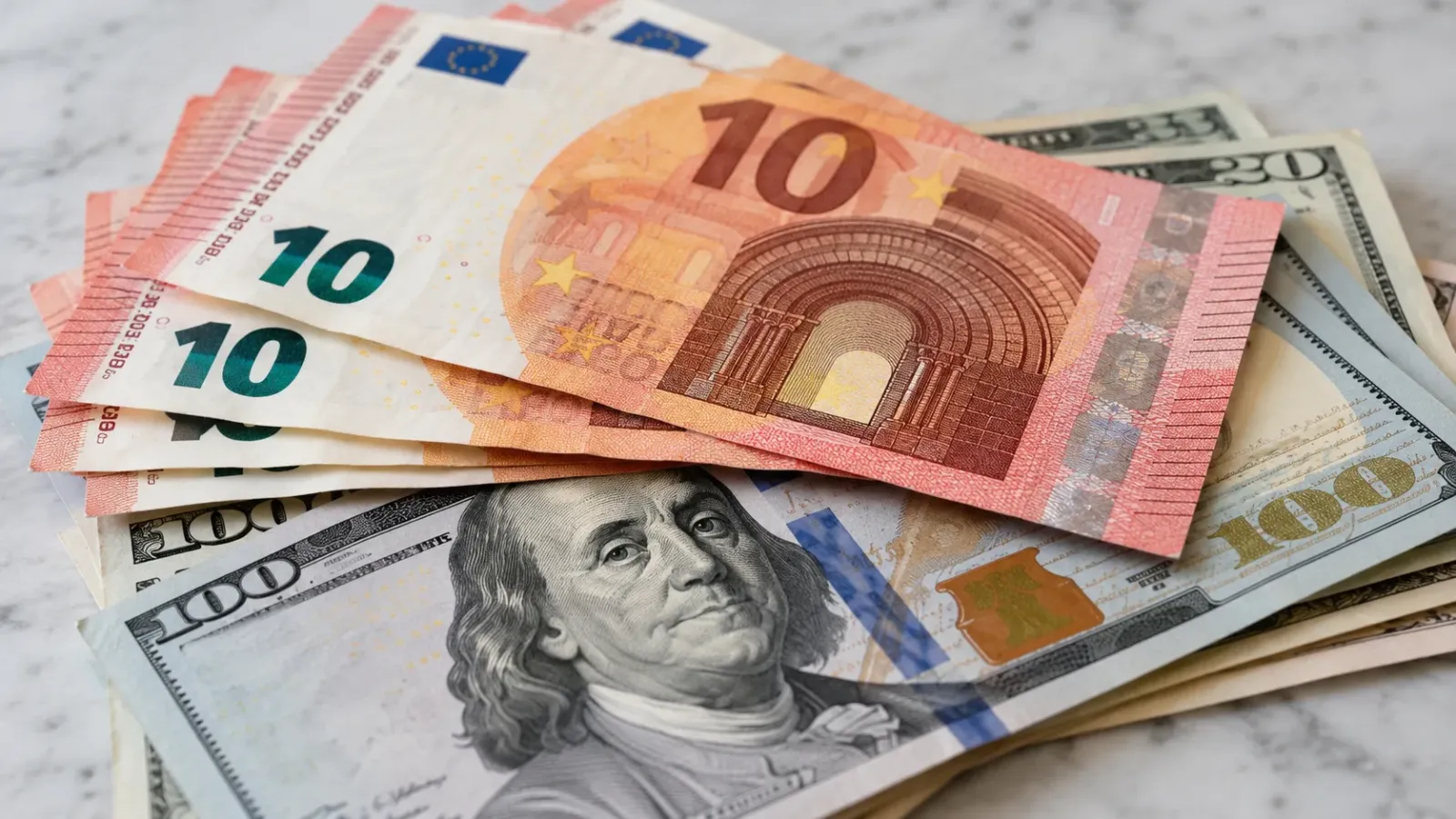 Những tờ tiền euro mệnh giá 10 và tiền đô la Mỹ được đặt chồng lên nhau.