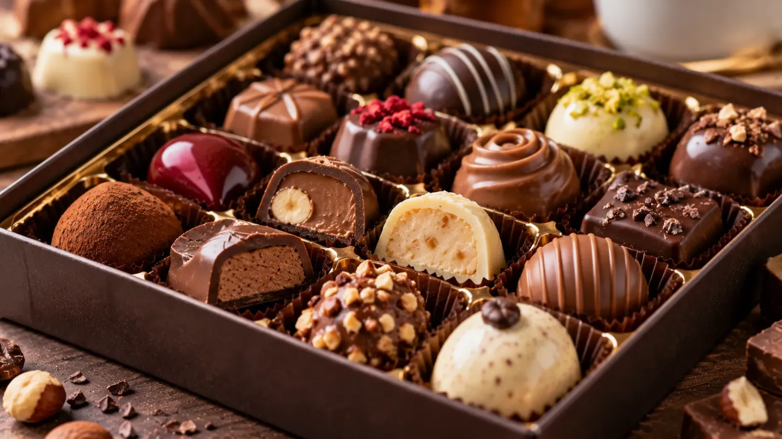 Những viên chocolate praline Bỉ nhiều hình dạng với một số viên được cắt để lộ phần nhân.