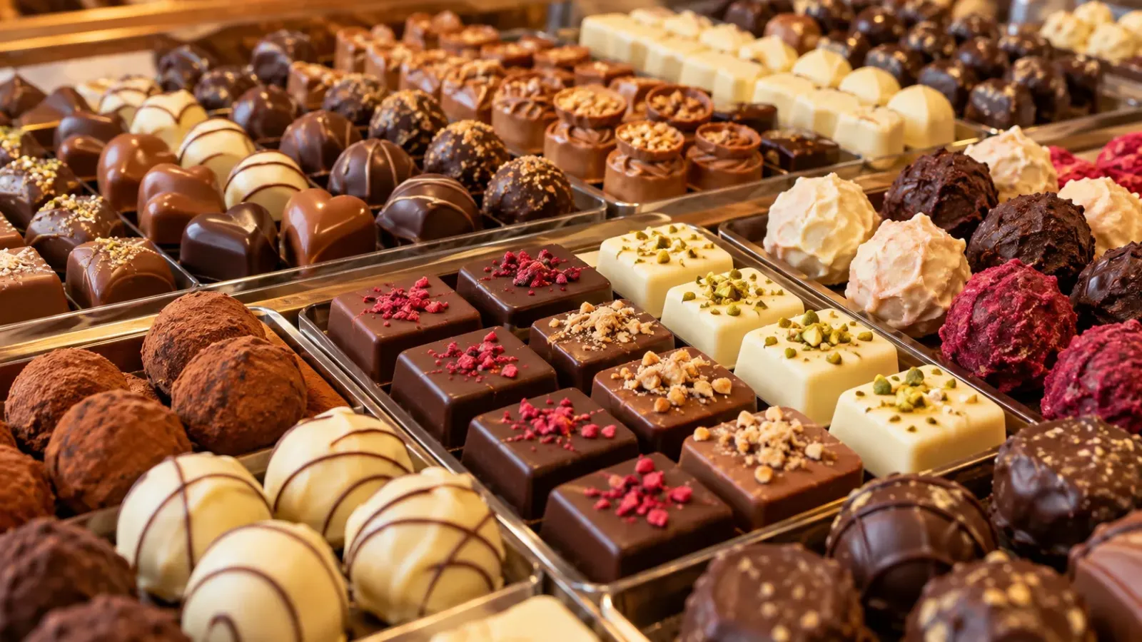 Những viên chocolate với nhiều hình dáng và màu sắc được xếp trong khay đựng kẹo.