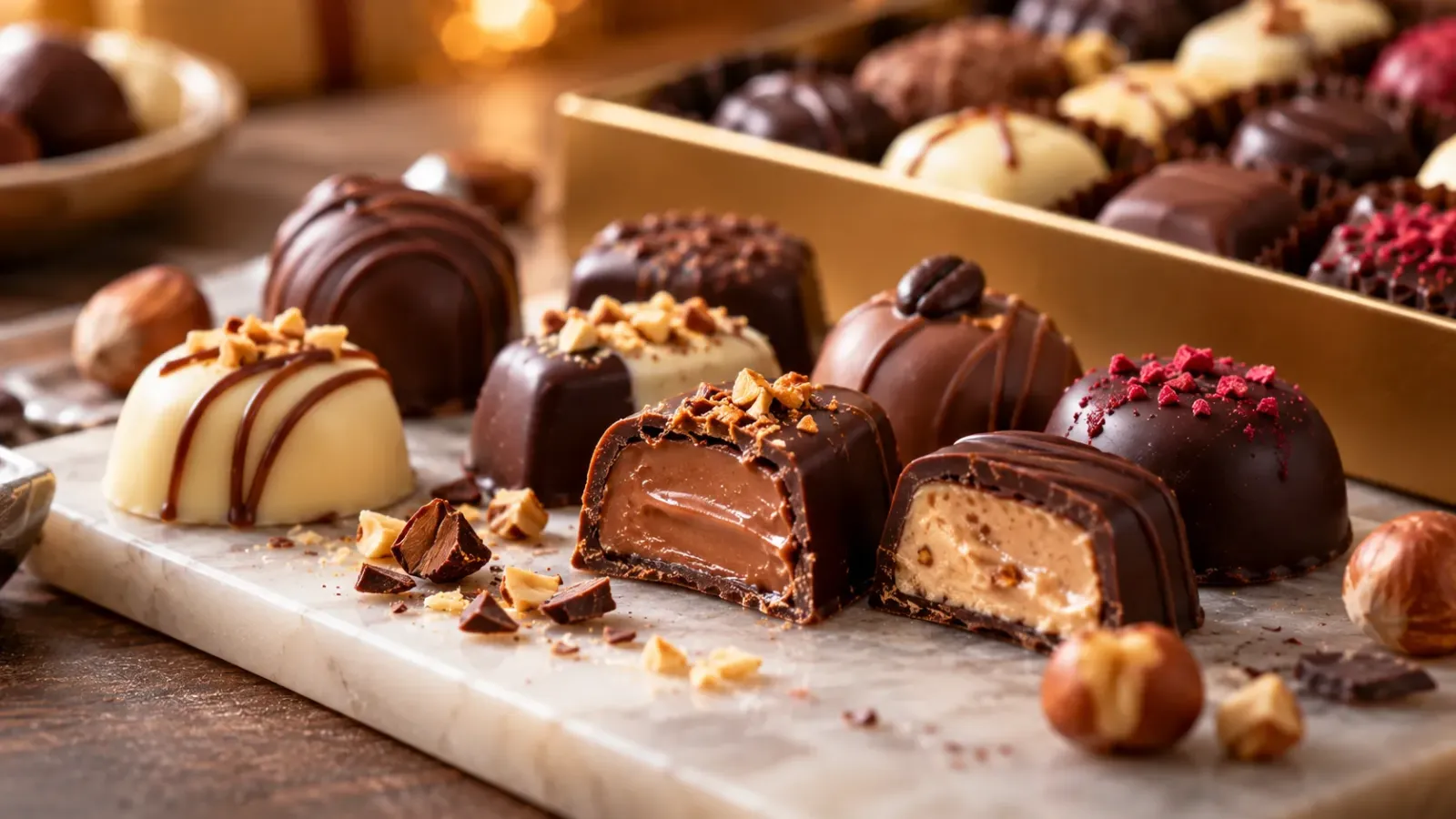 Những viên praline chocolate với lớp vỏ bên ngoài và phần nhân mềm bên trong