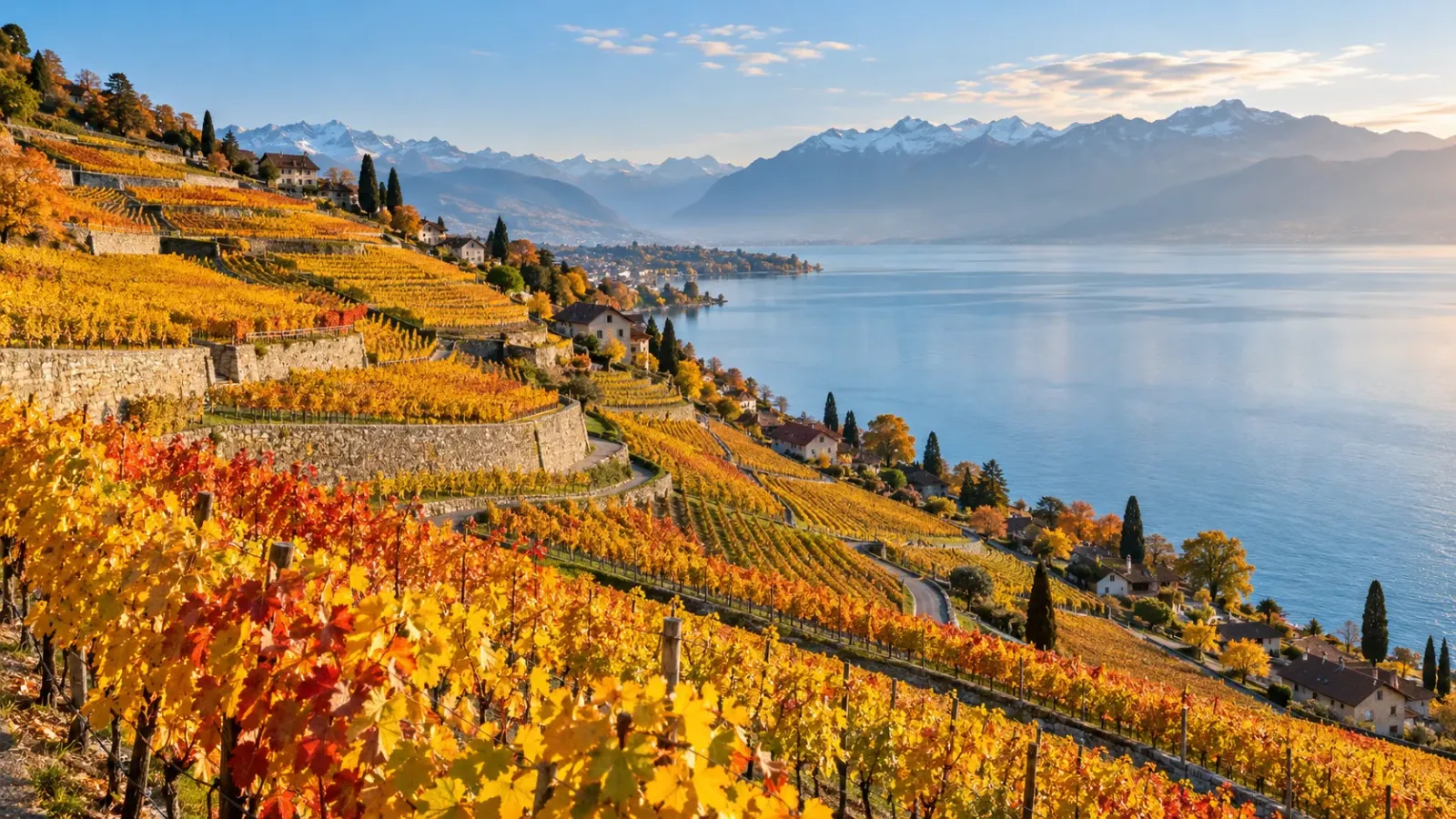 Những vườn nho bậc thang Lavaux chuyển màu mùa thu bên hồ Geneva tại Thụy Sĩ