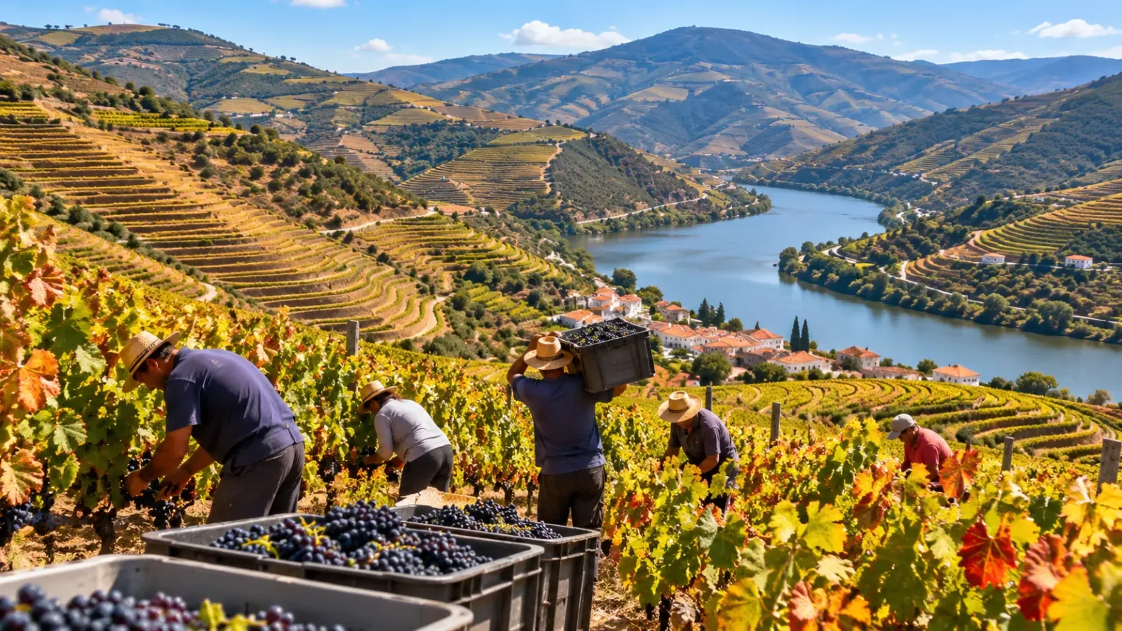 Vườn nho bậc thang trên những sườn đồi tại thung lũng Douro vào mùa thu