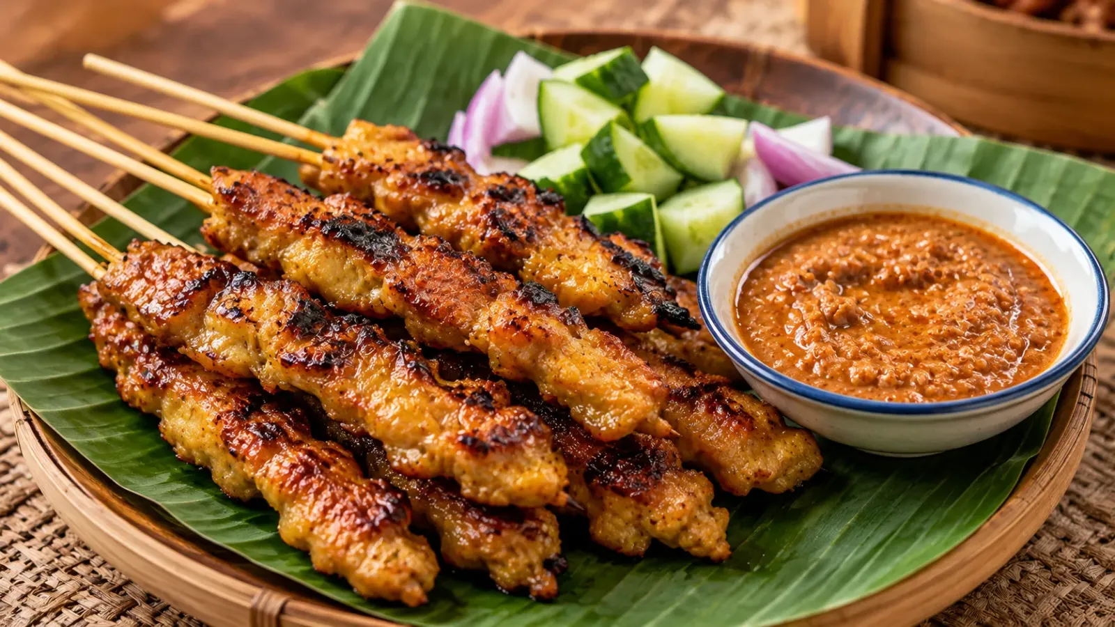Những xiên satay Singapore nướng vàng trên than với sốt đậu phộng và dưa leo.