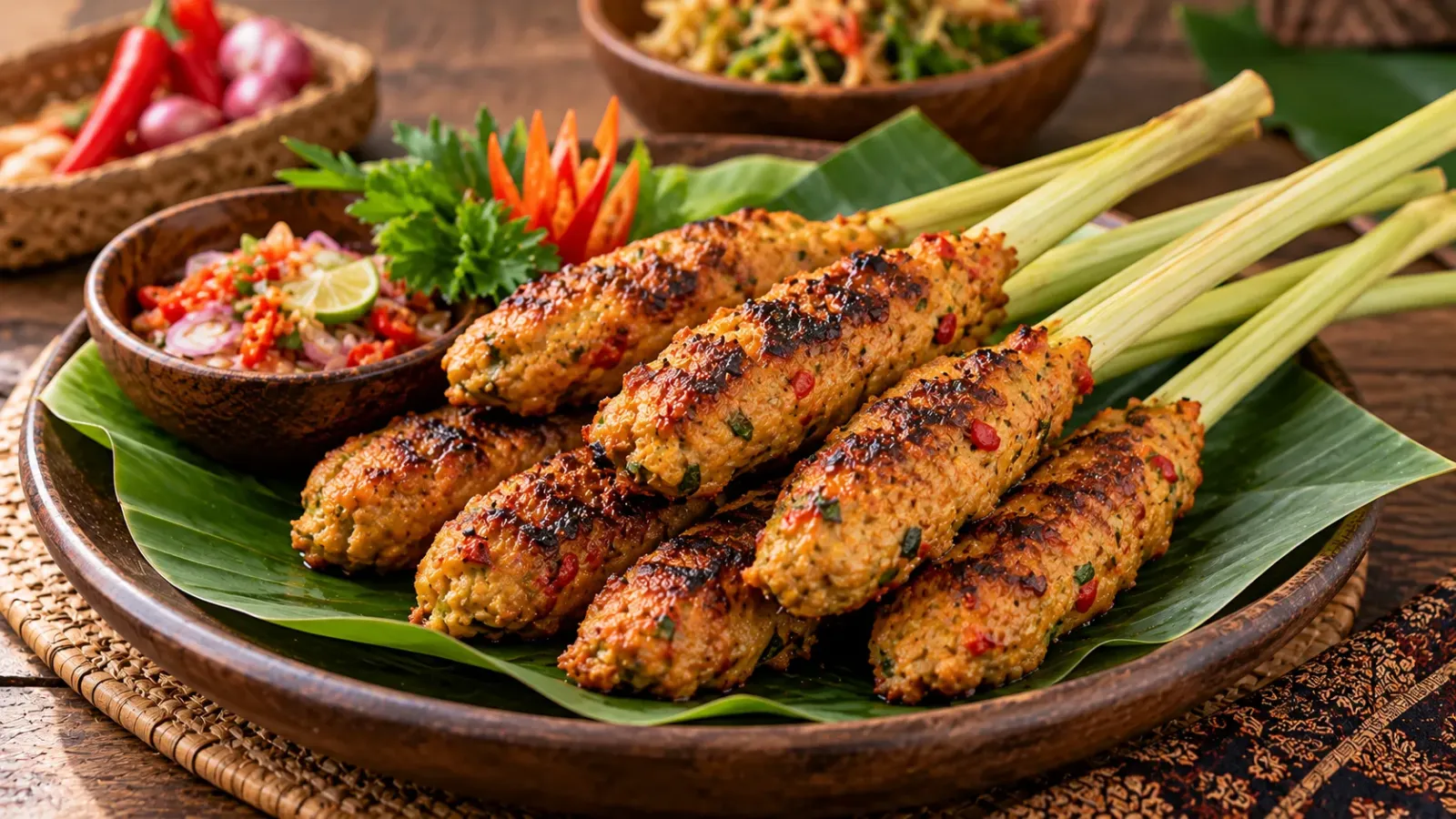 Những xiên Sate Lilit Bali với thịt hoặc cá băm tẩm gia vị quấn quanh thân sả rồi nướng
