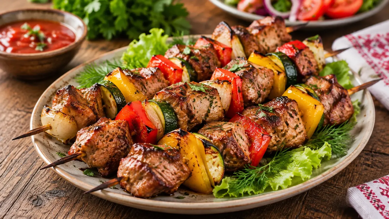 Những xiên thịt nướng Shashlik cùng rau củ được bày trên đĩa trong ảnh minh họa ẩm thực Nga