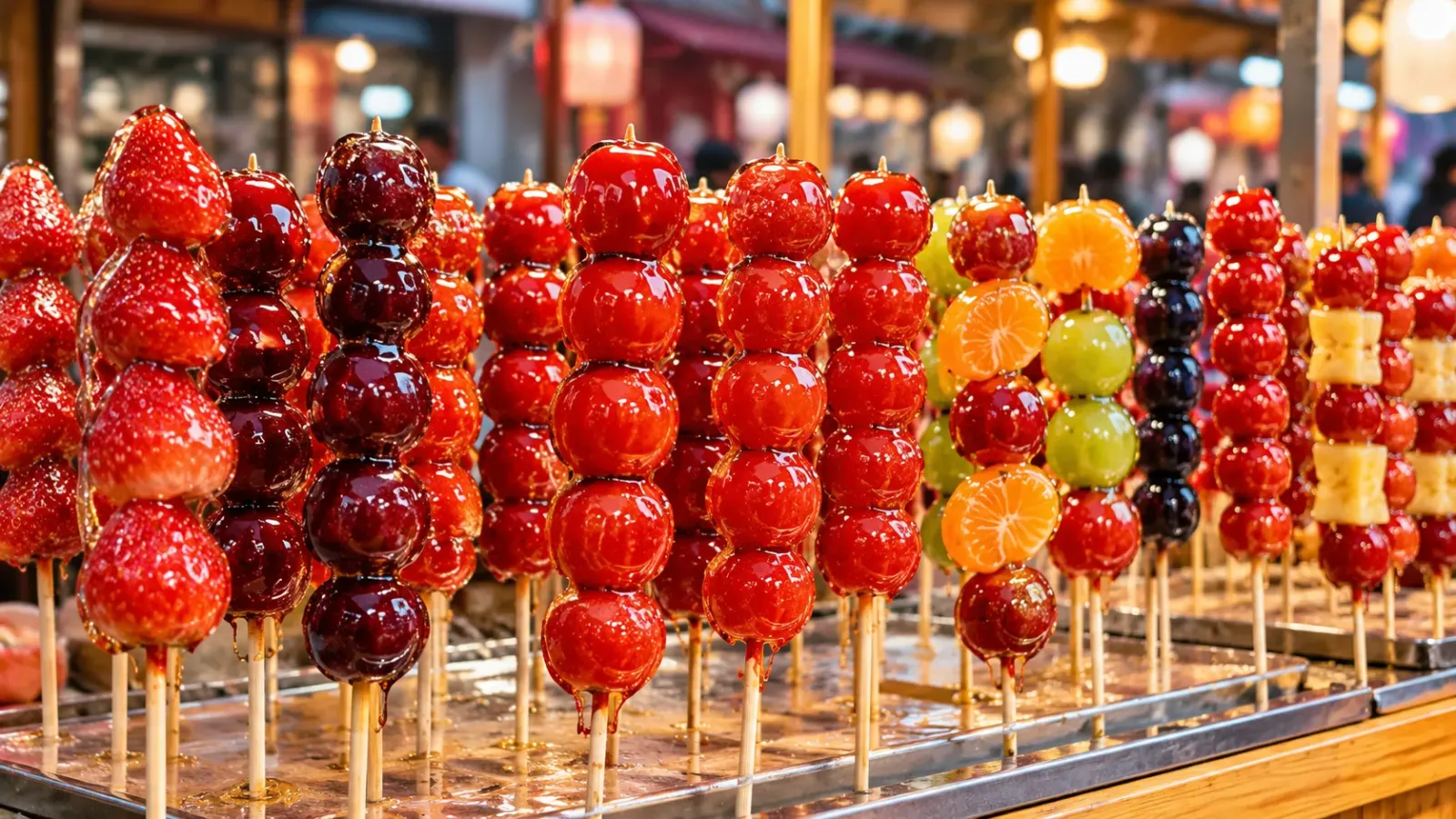 Những xiên trái cây phủ đường đỏ bóng được bày bán tại quầy đồ ăn
