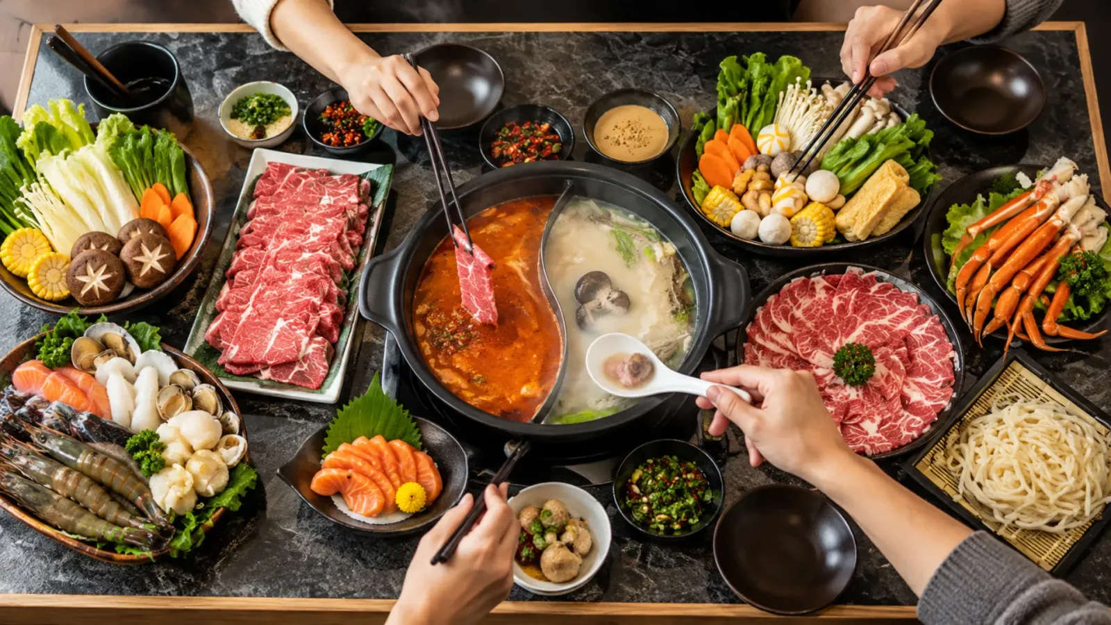 Nồi lẩu nabe Nhật Bản với rau cải, nấm, đậu phụ và thịt trong nước dùng nóng