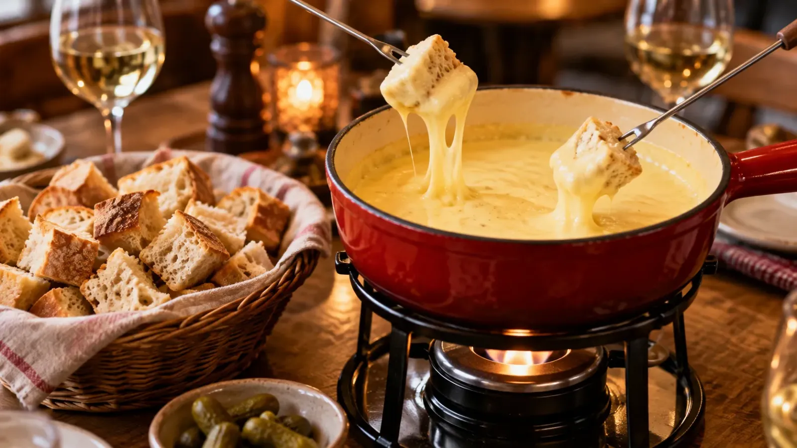 Nồi lẩu phô mai Fondue nóng chảy đặt trên bếp nhỏ, bên cạnh là giỏ bánh mì cắt miếng để nhúng phô mai