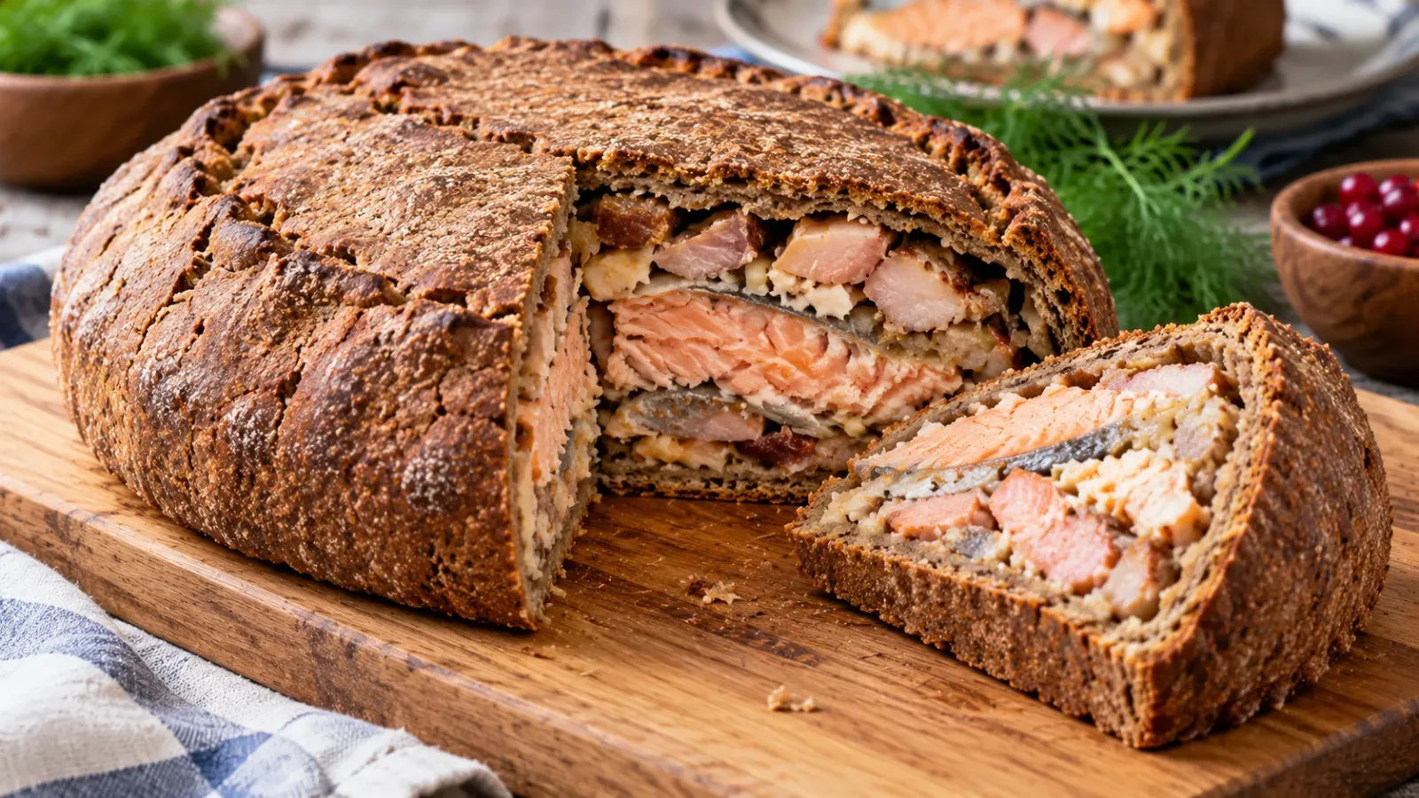 Ổ bánh Kalakukko Phần Lan có vỏ lúa mạch đen được cắt đôi, để lộ phần nhân cá và thịt heo bên trong.
