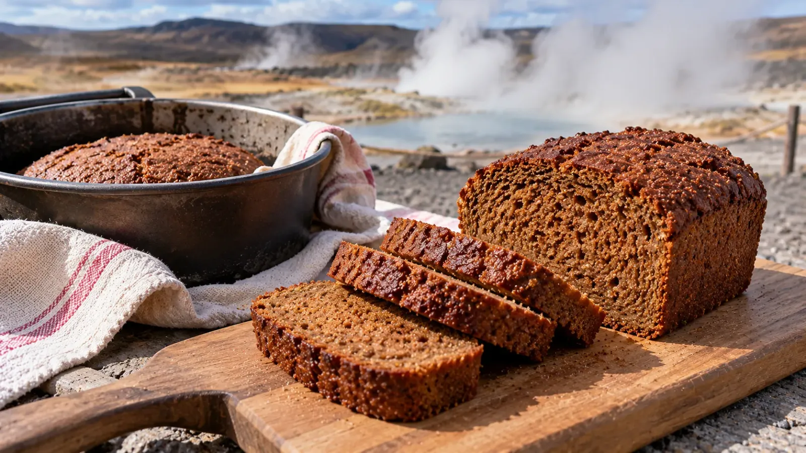 Ổ bánh mì lúa mạch đen Hverabrauð Iceland cắt lát bên cạnh khuôn nướng bánh, minh họa món bánh được làm chín bằng nhiệt địa nhiệt.