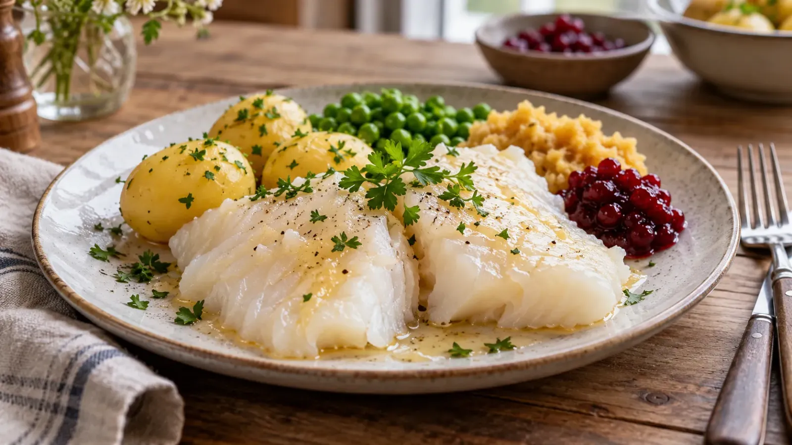 Phần cá trắng mềm được chế biến theo kiểu Lutefisk, trình bày trên đĩa cùng rau thơm.