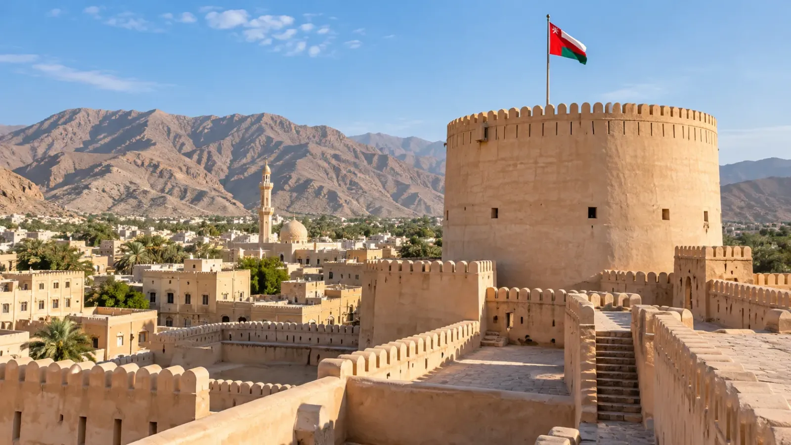 Pháo đài Nizwa tại Oman với tháp tròn lớn và những bức tường thành màu đất đặc trưng