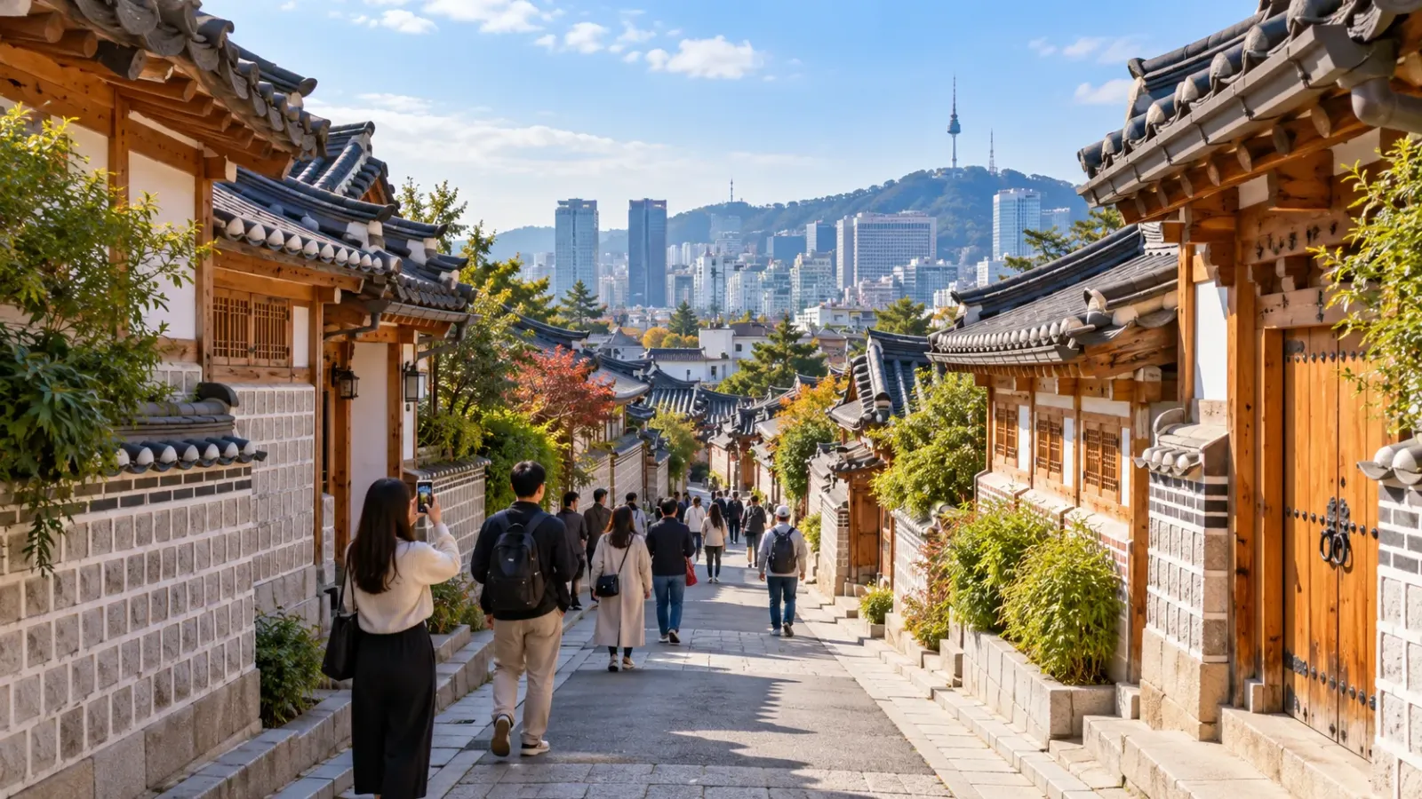 Phố Hanok tại Bukchon ở Seoul trong thời gian được phép tham quan