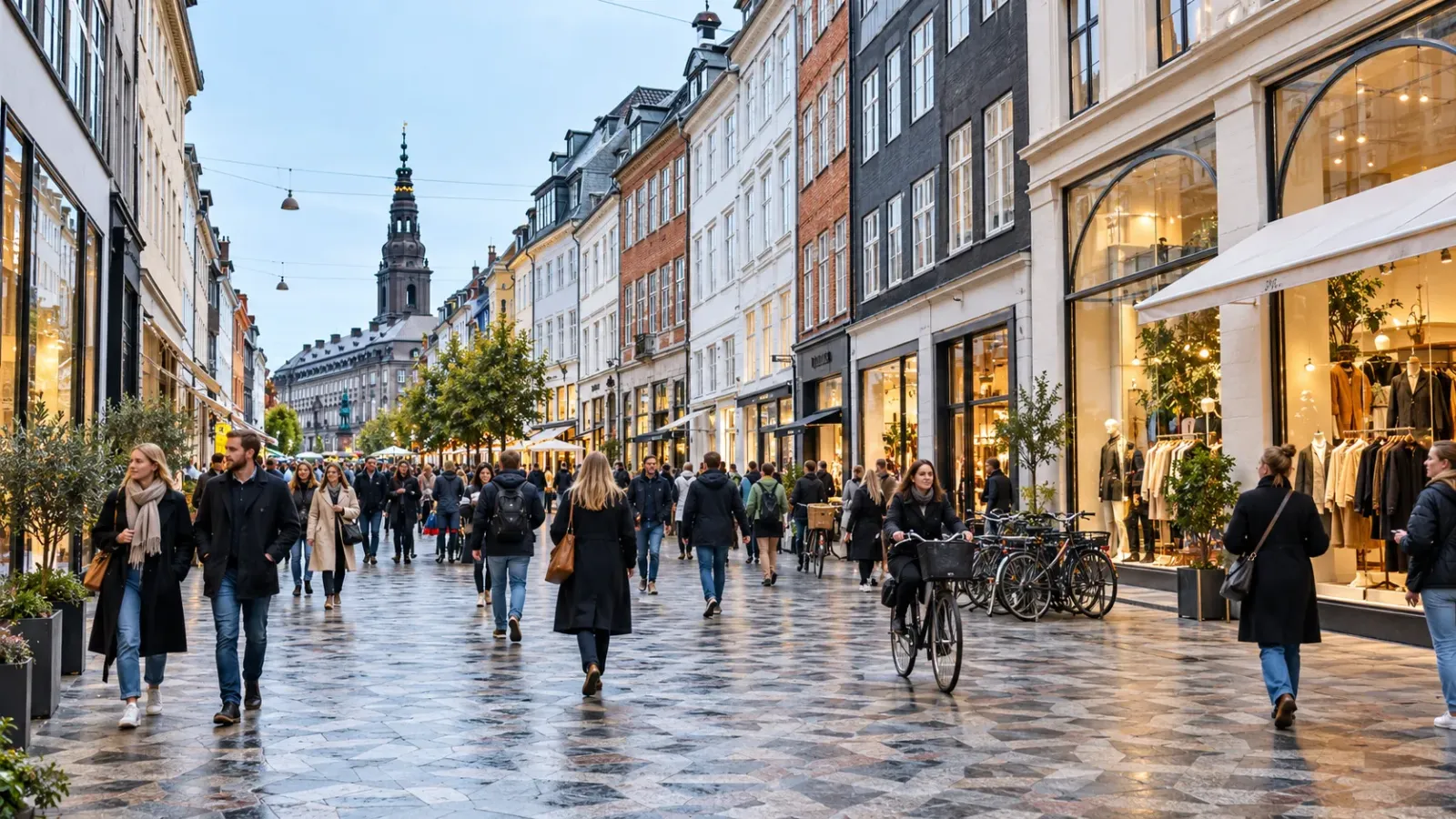 Phố mua sắm Strøget với các cửa hàng tại Copenhagen Đan Mạch.