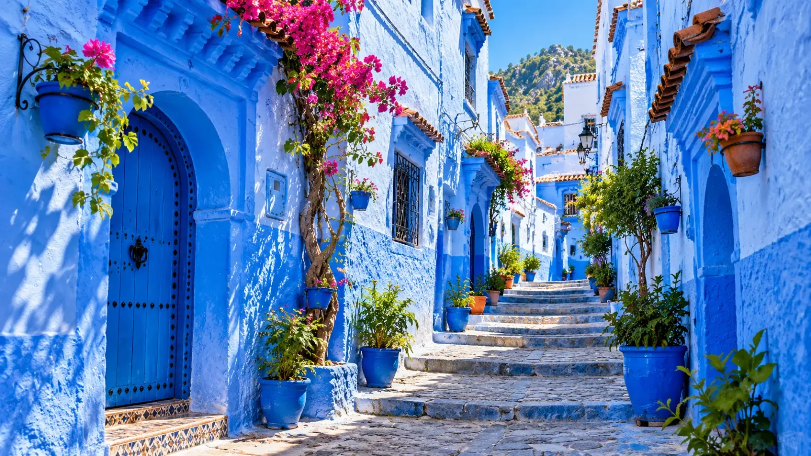 Những con hẻm và ngôi nhà sơn xanh lam trong khu phố cổ Chefchaouen Maroc