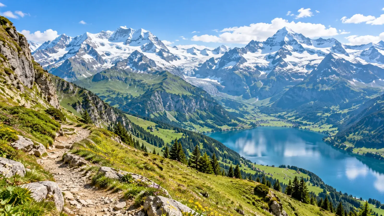 Phong cảnh núi tuyết dãy Alps với thung lũng xanh và những sườn núi cao tại Thụy Sĩ.