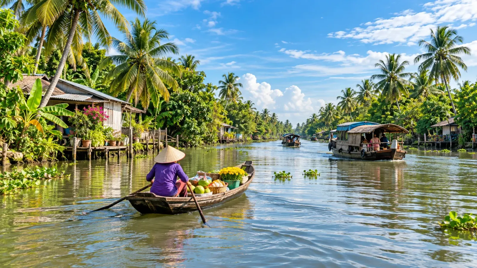 Phong cảnh sông nước miền Tây với ghe thuyền và hàng cây ven sông