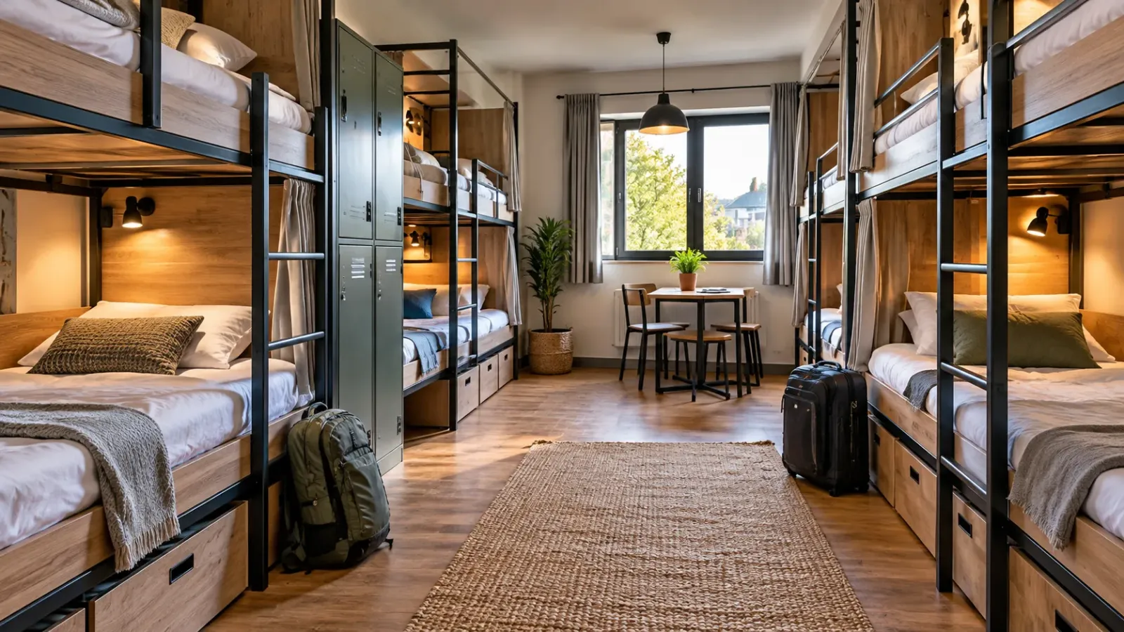 Phòng dorm với giường tầng và khu vực lưu trú dành cho khách du lịch