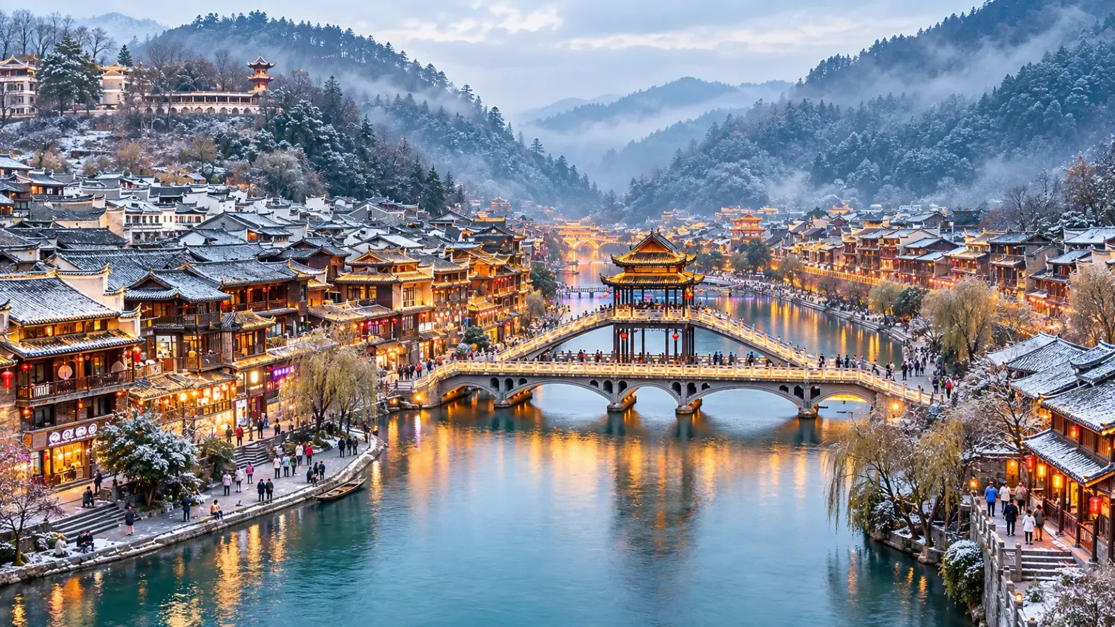 Phượng Hoàng Cổ Trấn ven sông Đà Giang trong hành trình mùa đông Hồ Nam