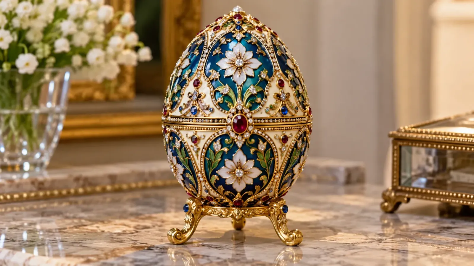 Quả trứng trang trí lưu niệm lấy cảm hứng từ phong cách nghệ thuật Fabergé với họa tiết tinh xảo