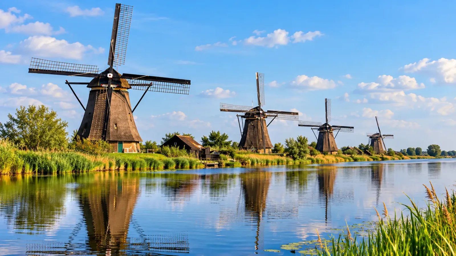 Quần thể cối xay gió Kinderdijk bên kênh nước tại tỉnh South Holland Hà Lan