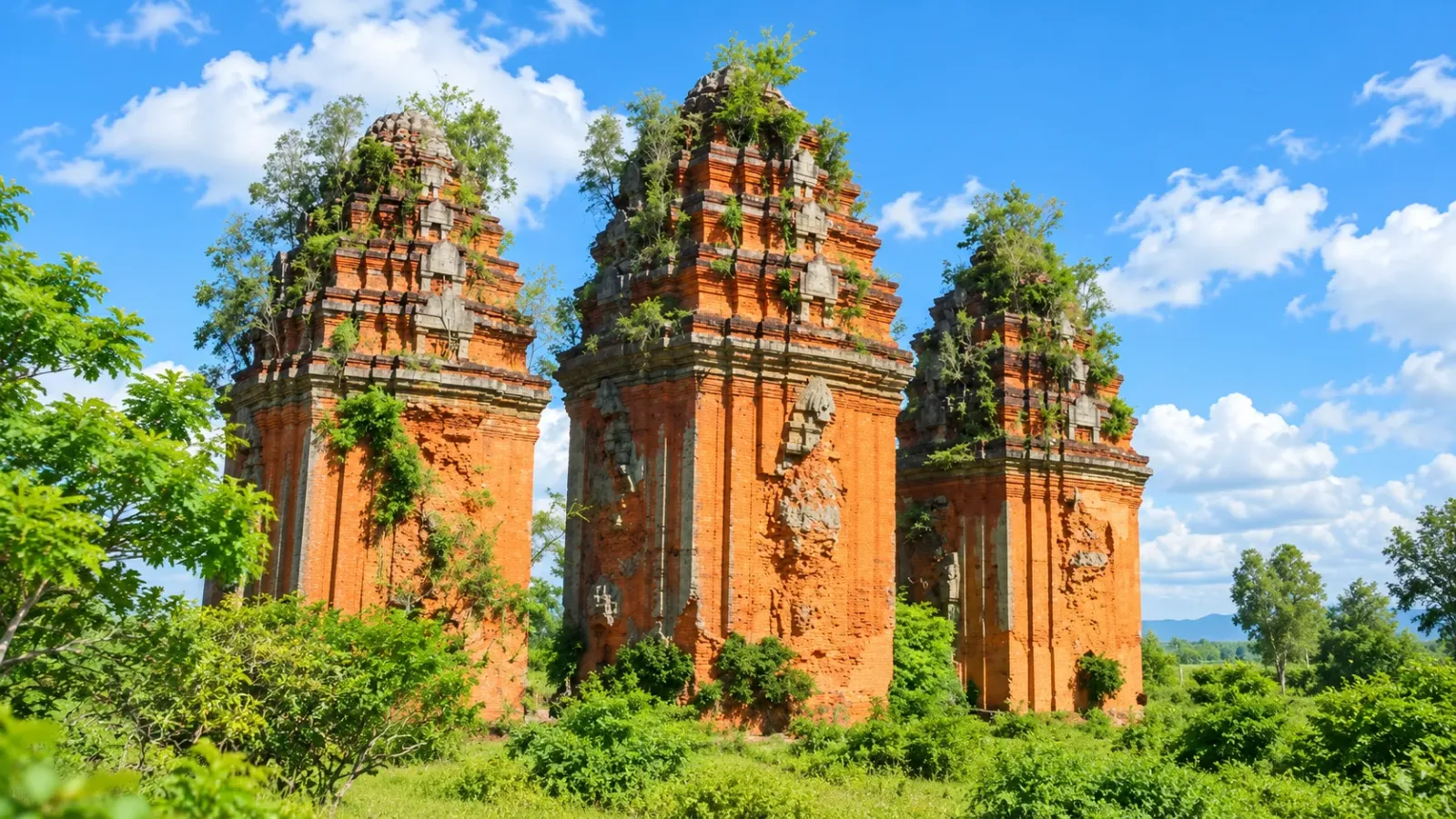 Quần thể Tháp Dương Long gồm ba ngọn tháp Chăm cổ đứng cạnh nhau