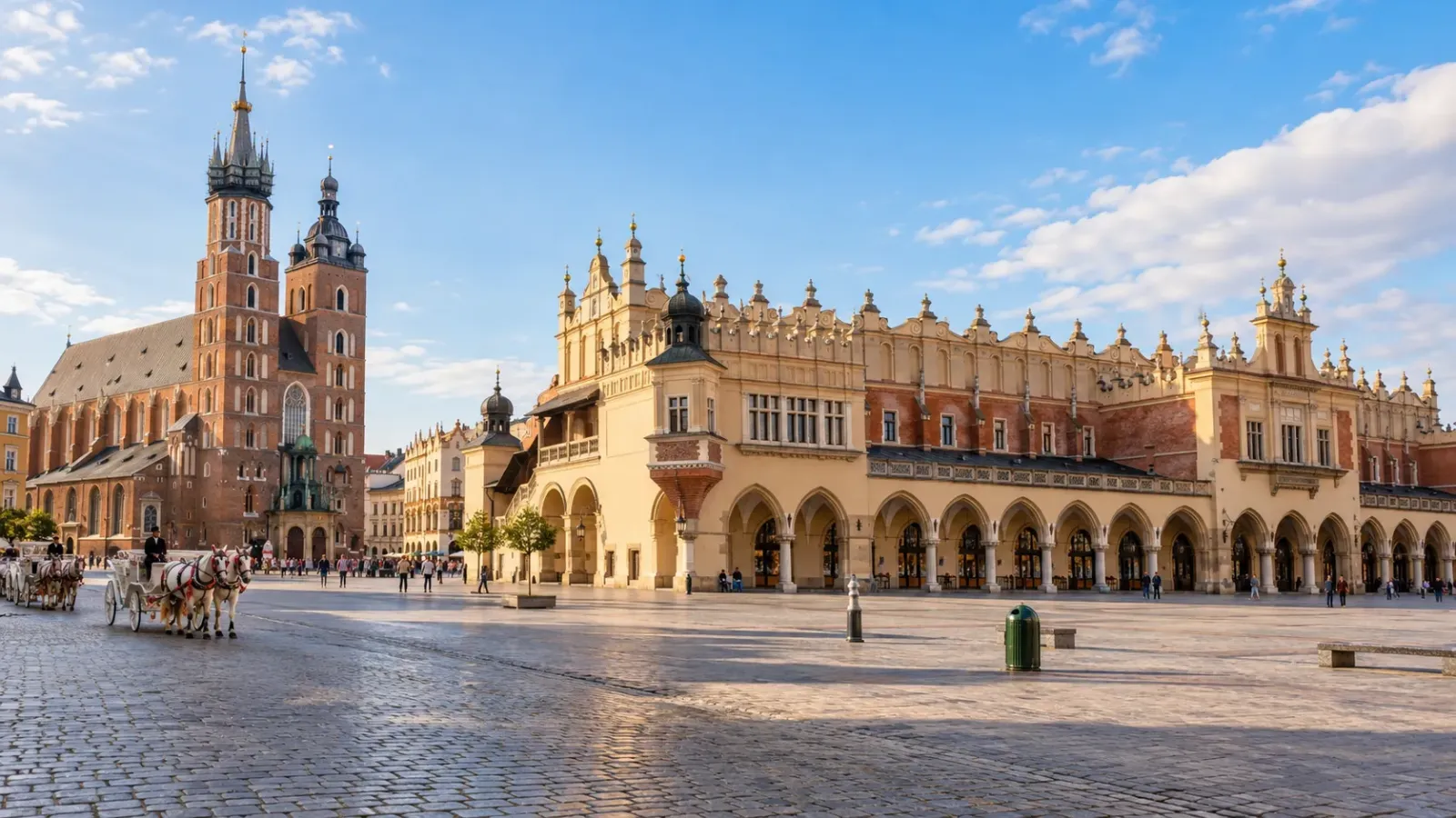 Quảng trường Chợ Chính ở Kraków, Ba Lan, với các công trình kiến trúc lịch sử và không gian quảng trường rộng lớn.