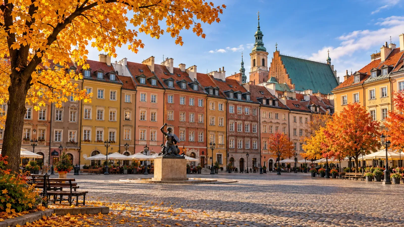 Quảng trường Chợ Phố Cổ Warsaw với những dãy nhà lịch sử và sắc cây mùa thu