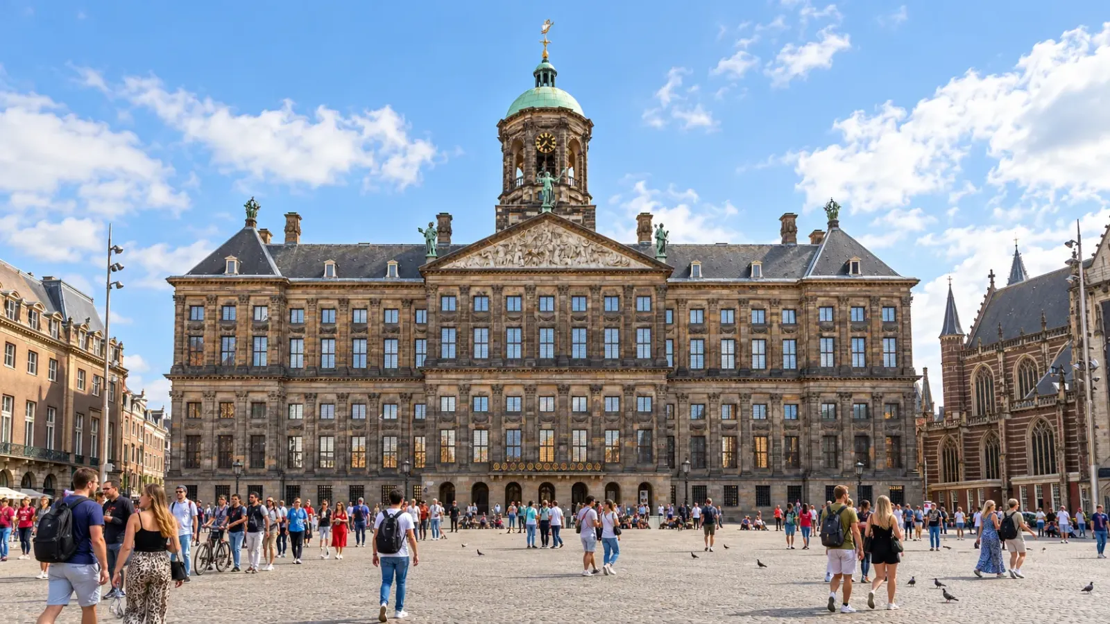 Quảng trường Dam Square tại trung tâm Amsterdam với những công trình kiến trúc lịch sử