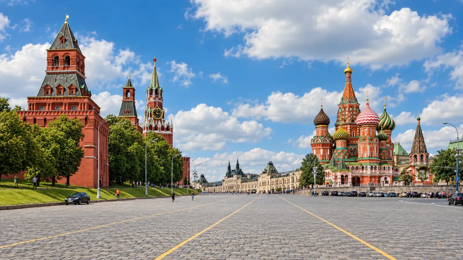 Quảng trường Đỏ tại Moscow với tường thành Kremlin và Nhà thờ Thánh Basil