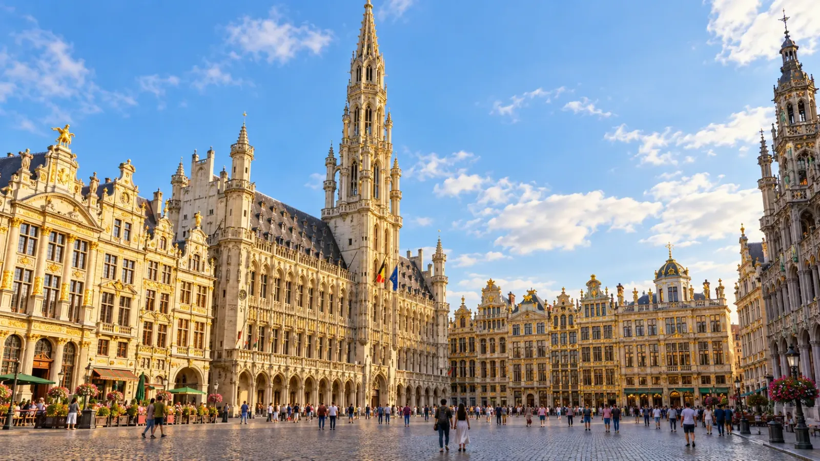 Quảng trường Grand-Place Brussels với tòa thị chính và các công trình kiến trúc lịch sử