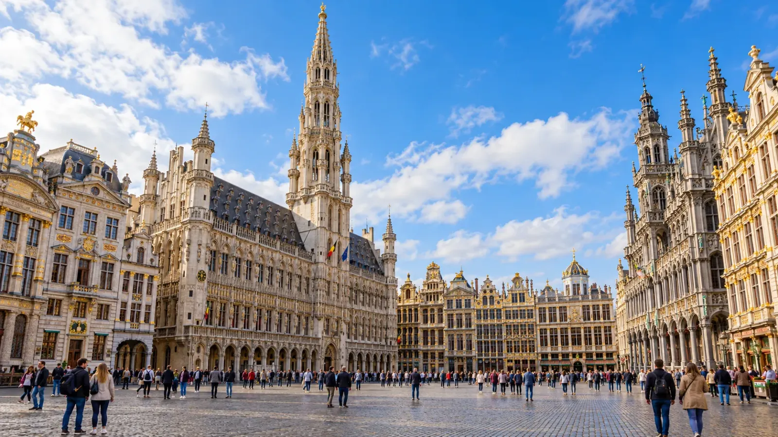 Quảng trường Grand-Place Brussels với tòa thị chính và các dãy nhà lịch sử