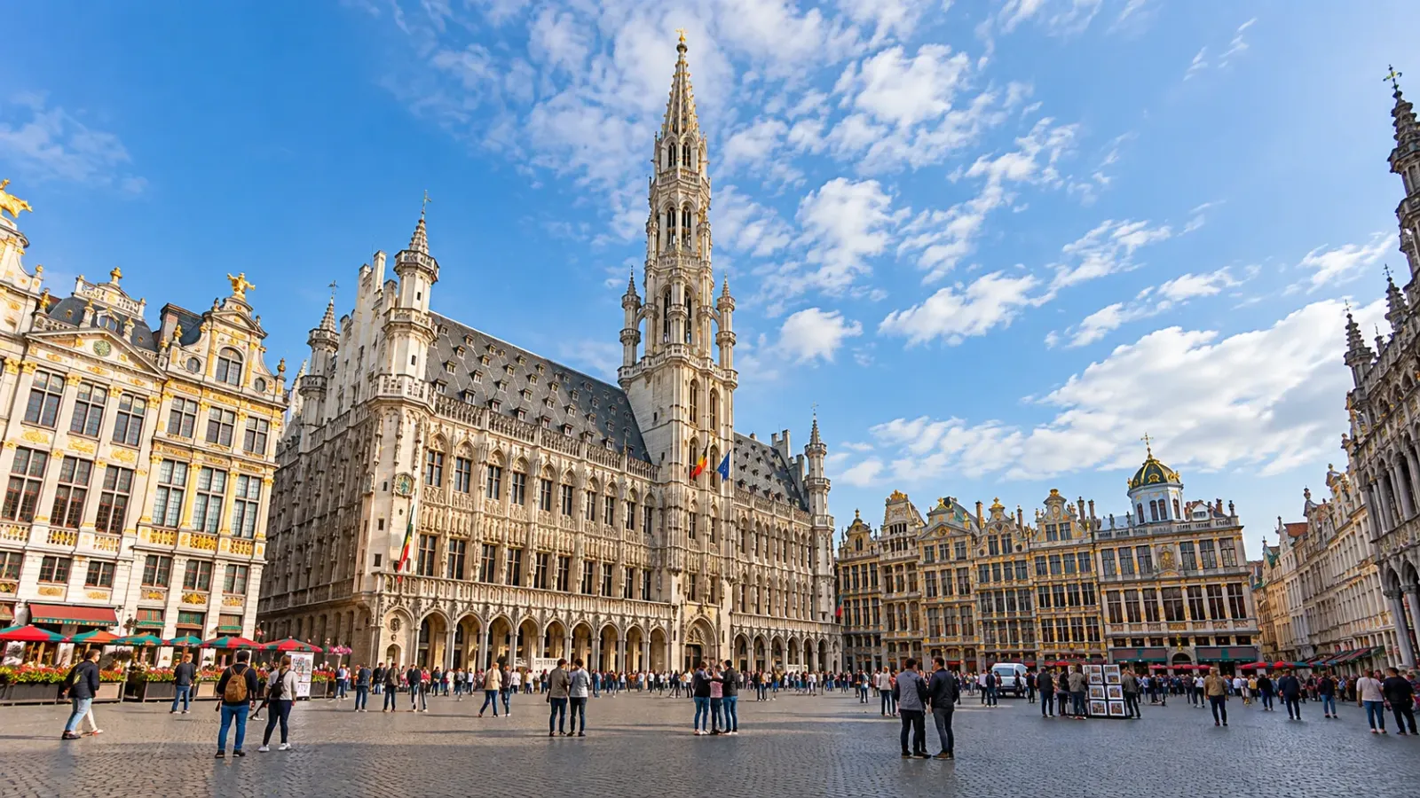 Quảng trường Grand-Place ở Brussels với Tòa thị chính và các dãy nhà hội nghề