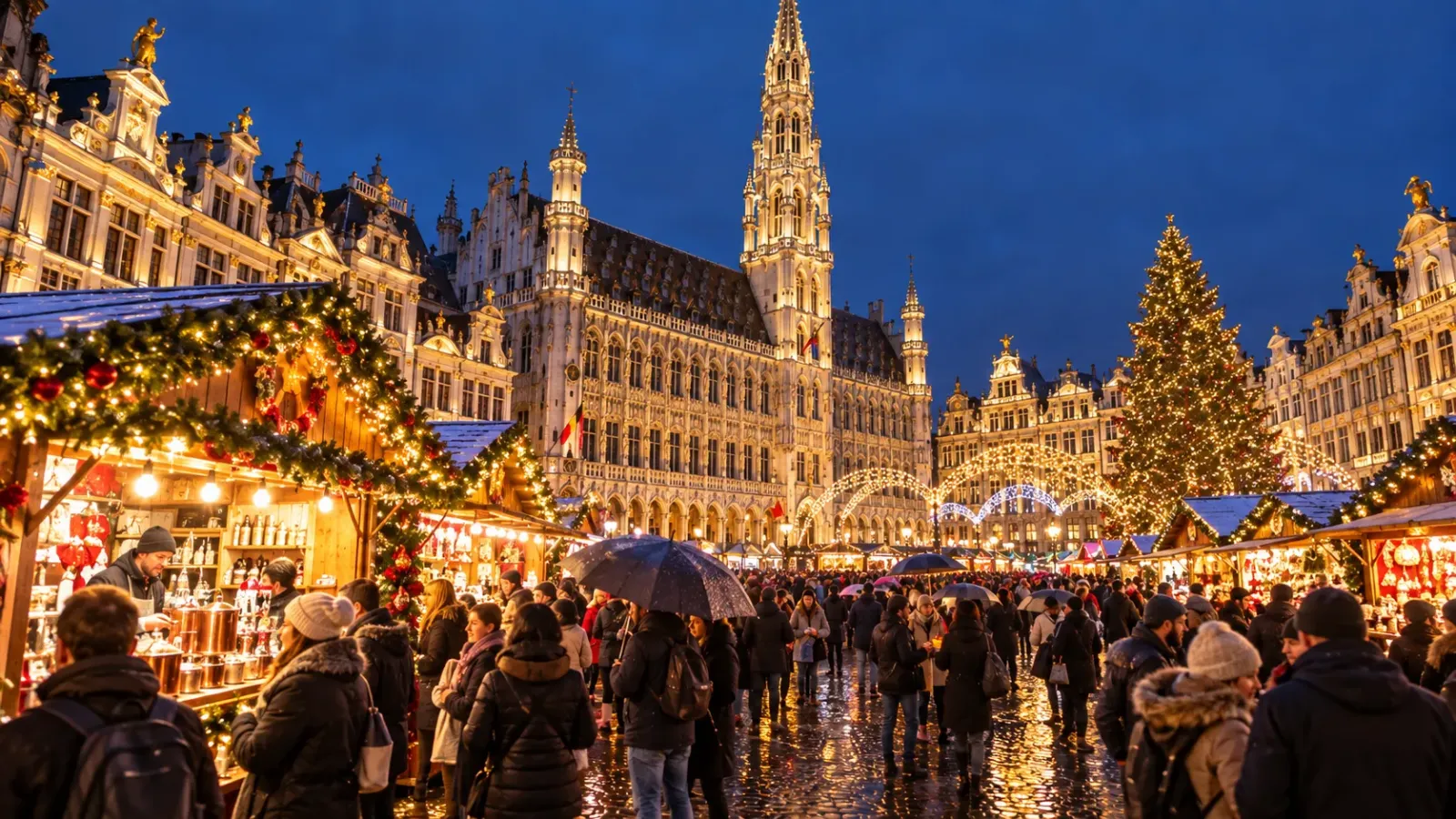 Quảng trường Grand-Place tại Brussels được trang trí ánh sáng trong lễ hội Winter Wonders