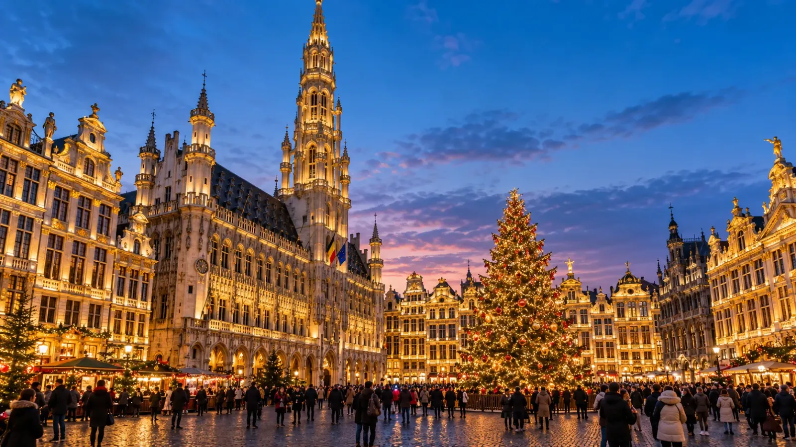Quảng trường Grand-Place tại Brussels được trang trí đèn và cây thông trong mùa Giáng sinh