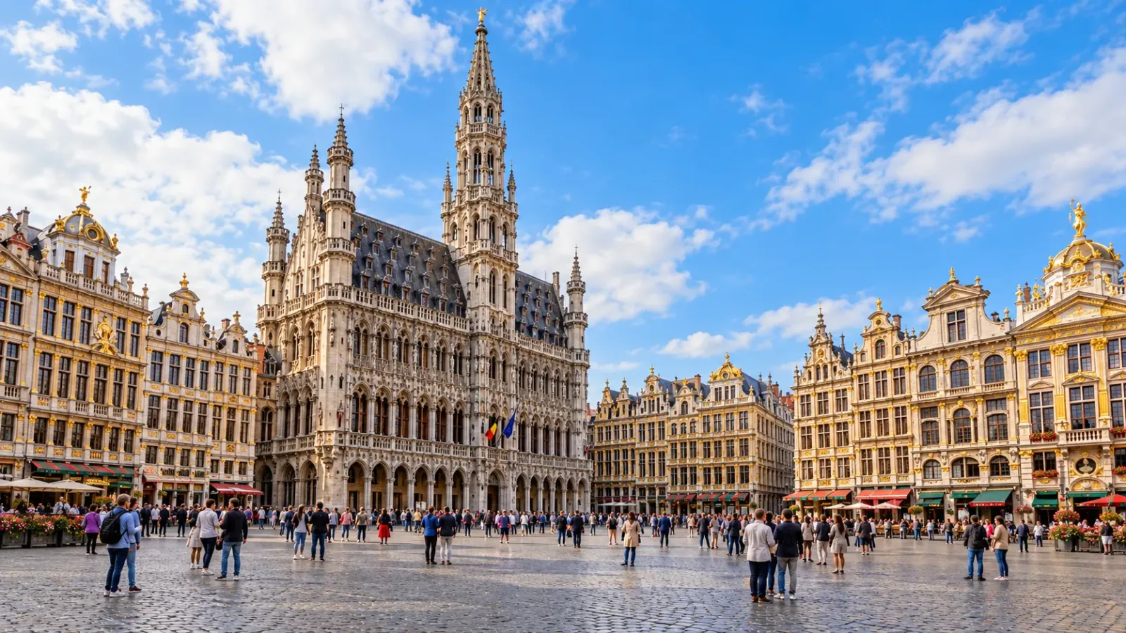 Quảng trường Grand-Place với các tòa nhà phường hội và Tòa thị chính tại Brussels Bỉ.