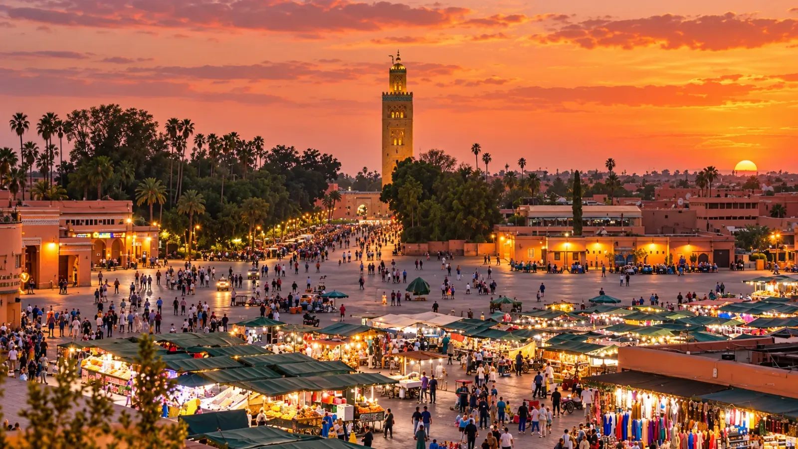 Quảng trường Jemaa el-Fna tại khu phố cổ Marrakech Maroc vào buổi chiều tối