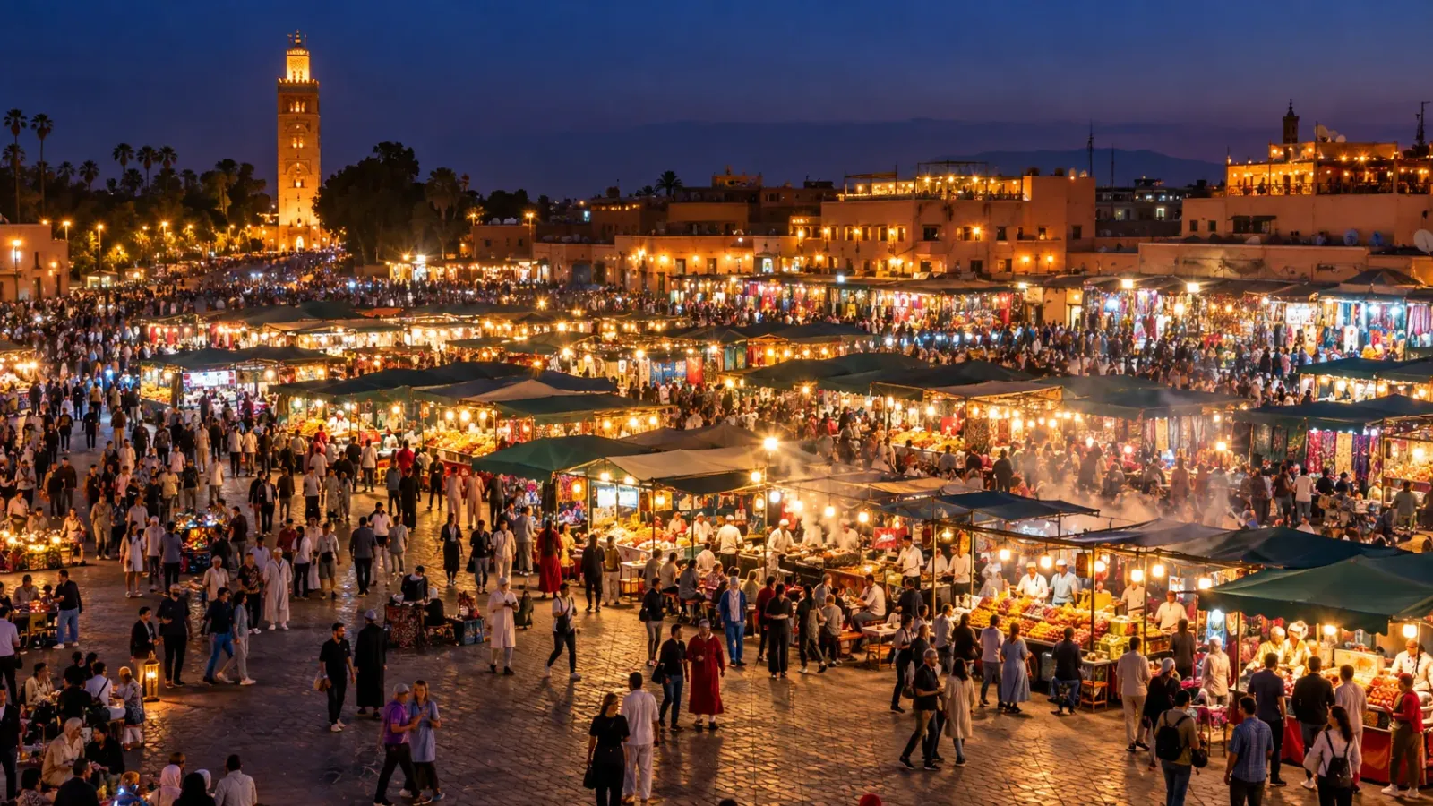 Quảng trường Jemaa el-Fna tại Marrakech đông người và các gian hàng sáng đèn vào buổi tối