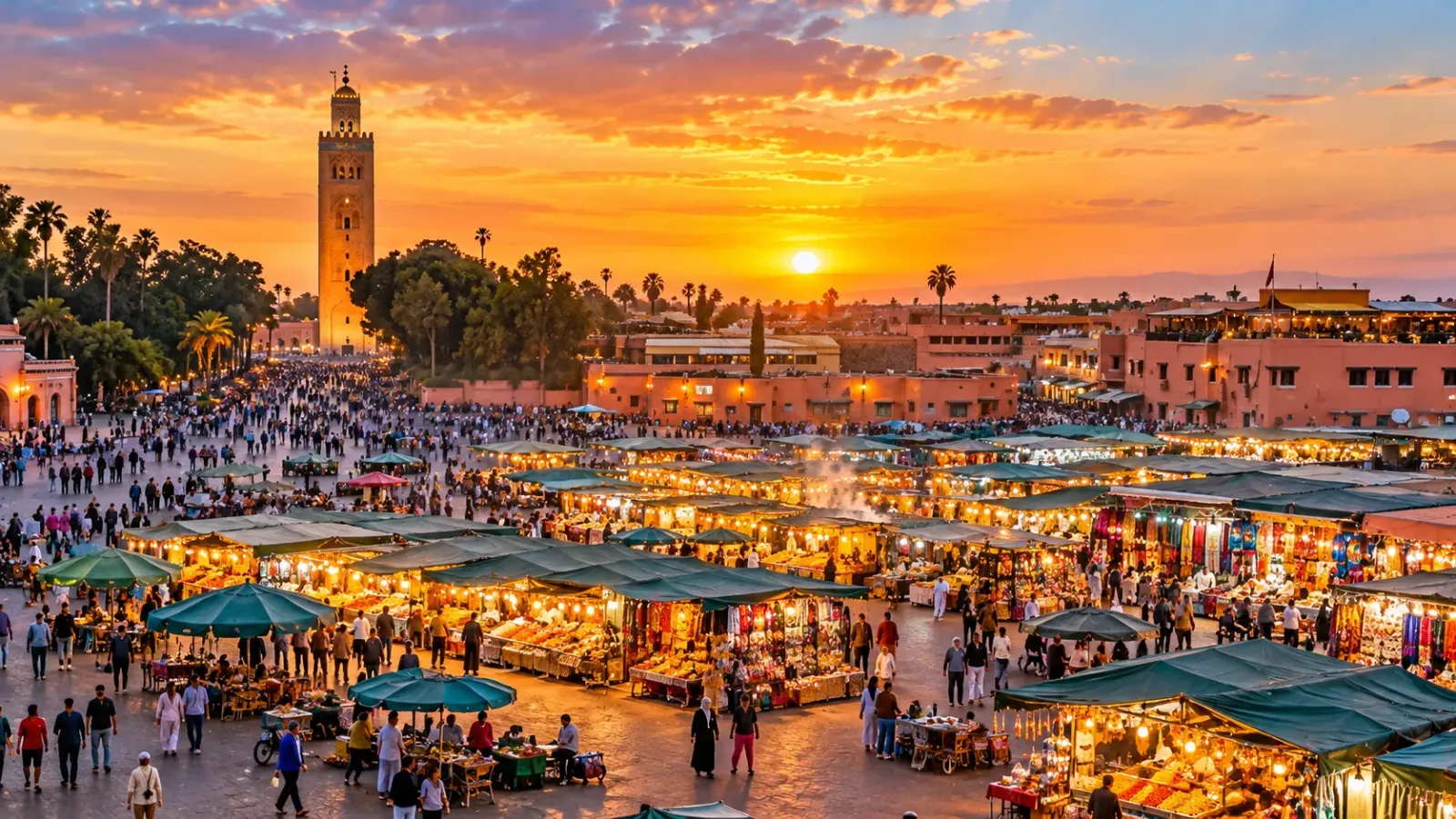 Quảng trường Jemaa el-Fna tại Marrakech với khu chợ và các công trình phố cổ Maroc