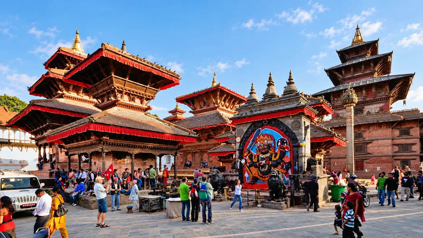 Quảng trường Kathmandu Durbar Square với các công trình đền thờ và kiến trúc Newar cổ
