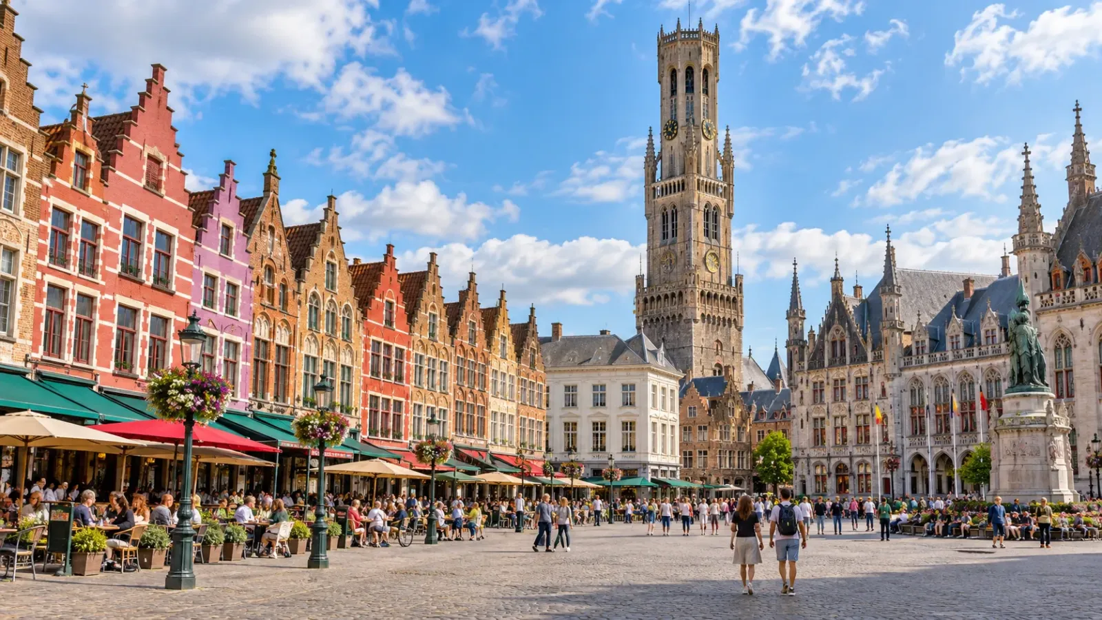 Quảng trường Markt ở Bruges với những dãy nhà mái nhọn và tháp chuông Belfry nổi bật phía sau.